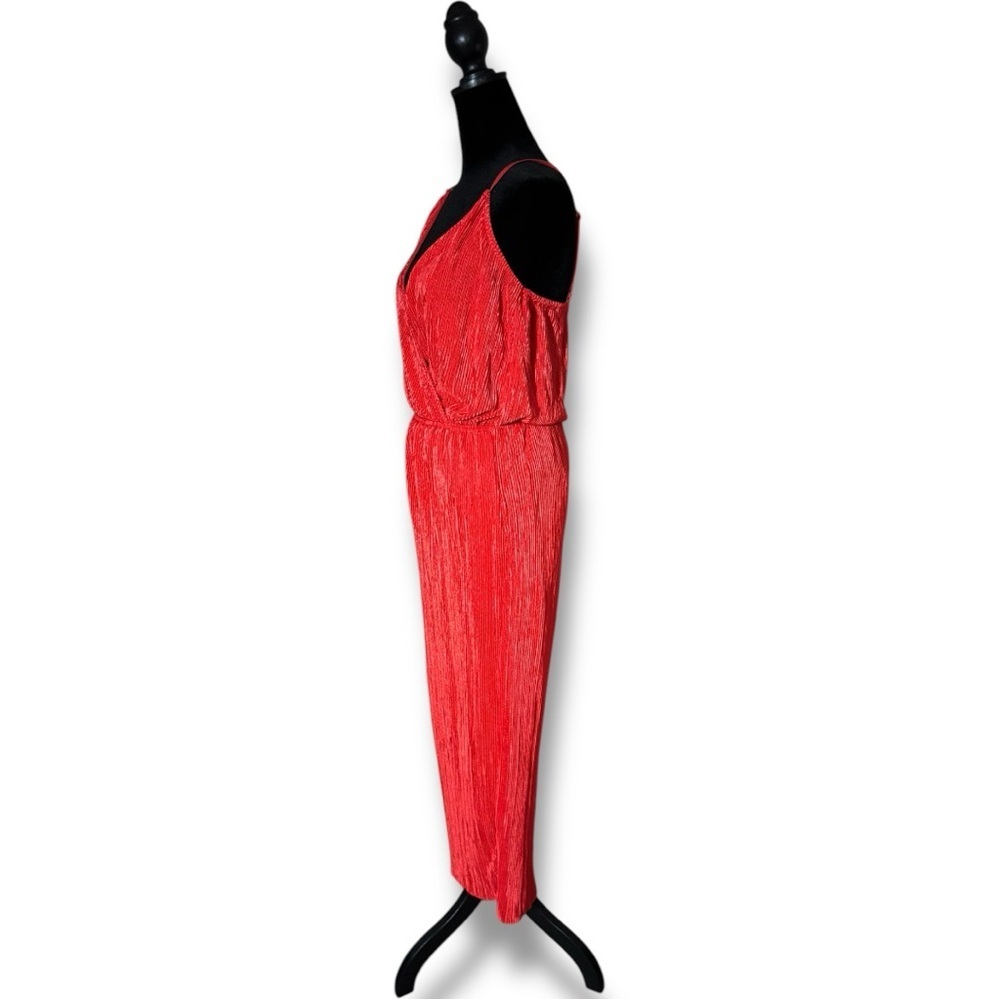 love, Fire Vibrant V Neck Wrap Style Top Sleeveless Flowy Red Wide Leg Jumpsuit - Picture 3 of 15